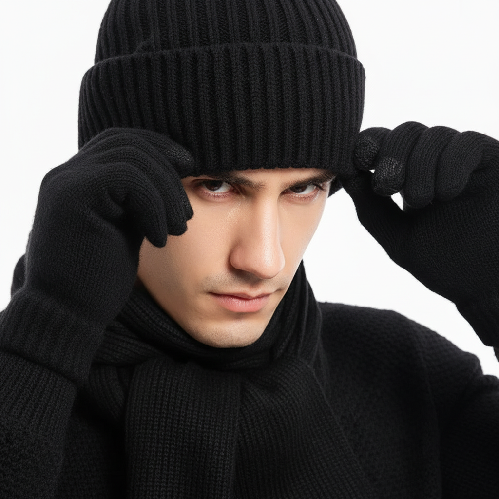 Close-up of the soft knit texture of a ChillGuard unisex winter hat, scarf, and gloves set