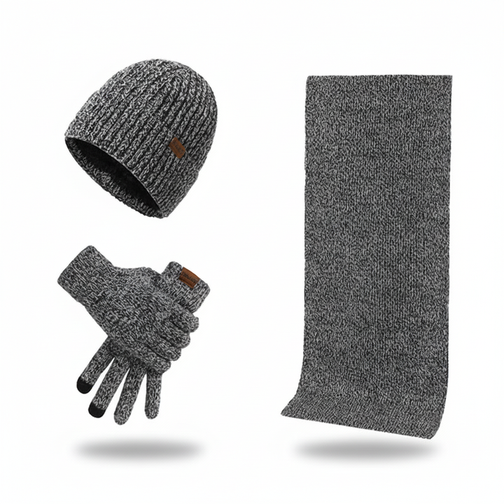 Fashionable ChillGuard winter accessories: knit hat, scarf, and gloves to stay warm and stylish