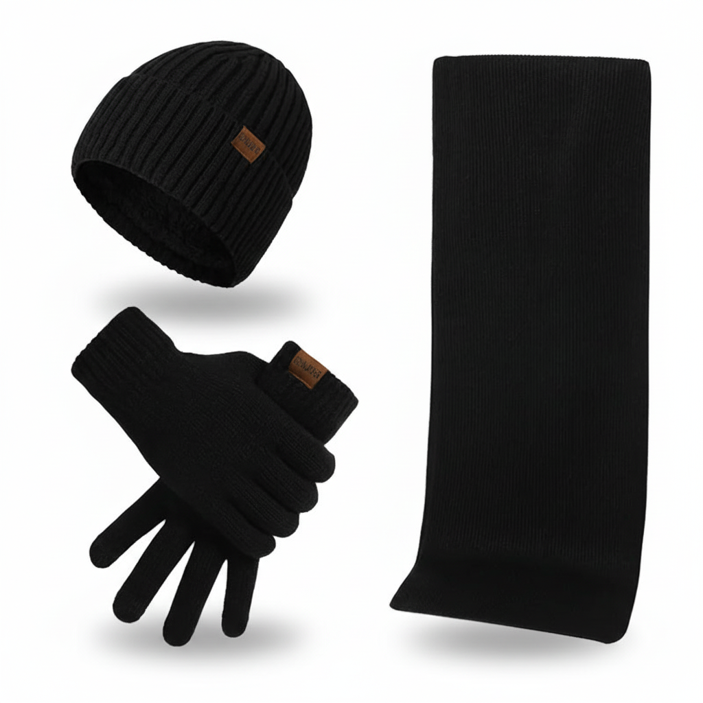 Complete ChillGuard winter set, including a thermal hat, warm scarf, and comfortable gloves