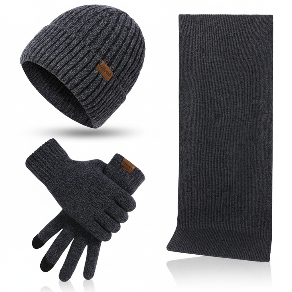 Unisex knitted hat, scarf, and gloves by ChillGuard, essential thermal wear for winter