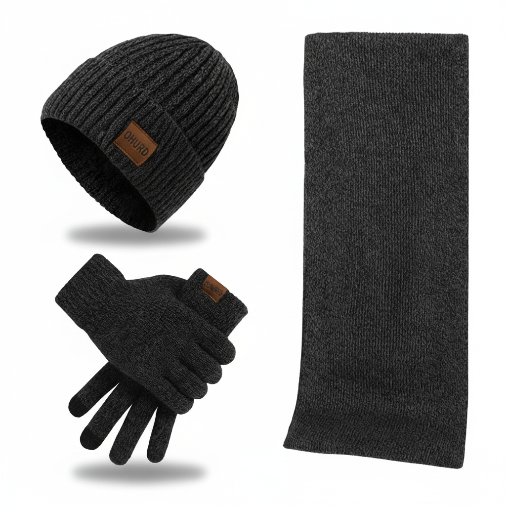 ChillGuard cold weather set featuring a snug beanie, a long scarf, and cozy gloves in gray