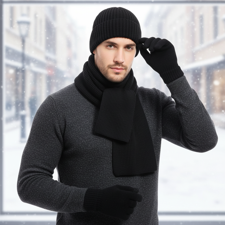 Unisex ChillGuard winter knit hat and gloves set in gray, ideal for cold weather comfort and warmth.