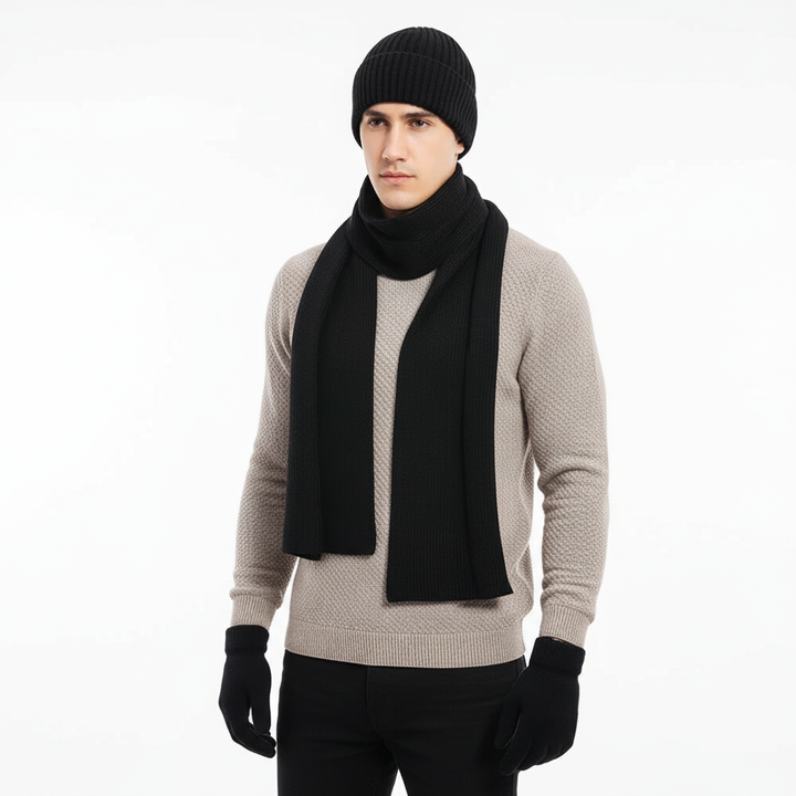 Close-up of the woolen texture of the ChillGuard unisex knit hat and matching gloves, winter fashion accessory.