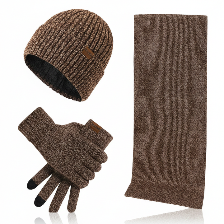 Unisex ChillGuard knit hat and gloves, displayed against a snowy background, perfect for winter warmth and style.