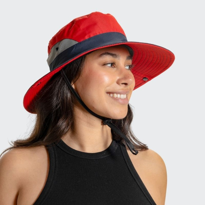 Outdoor gear: Clara unisex sun hat. Provides excellent sun protection for festivals, beach, hiking. Adjustable, lightweight.