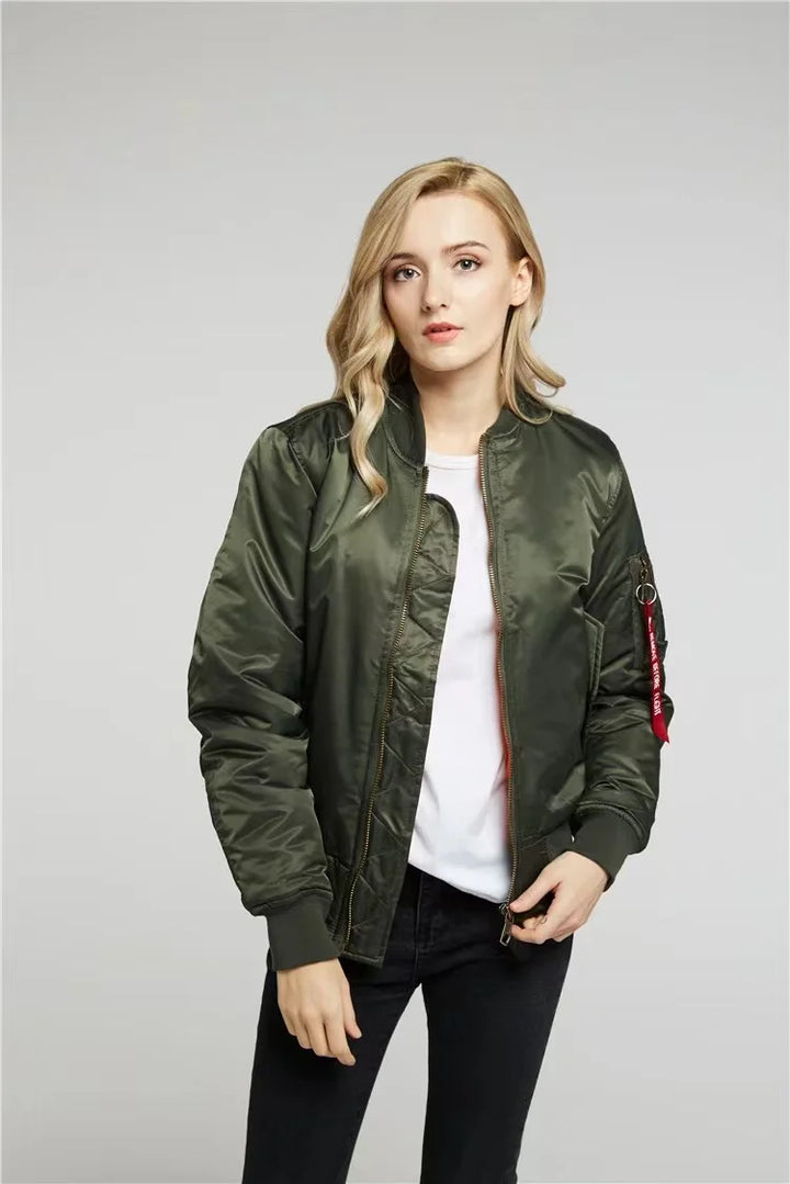 Stylish unisex bomber jacket, a durable zip-up outerwear with an aviator look, ideal for fall & winter fashion.