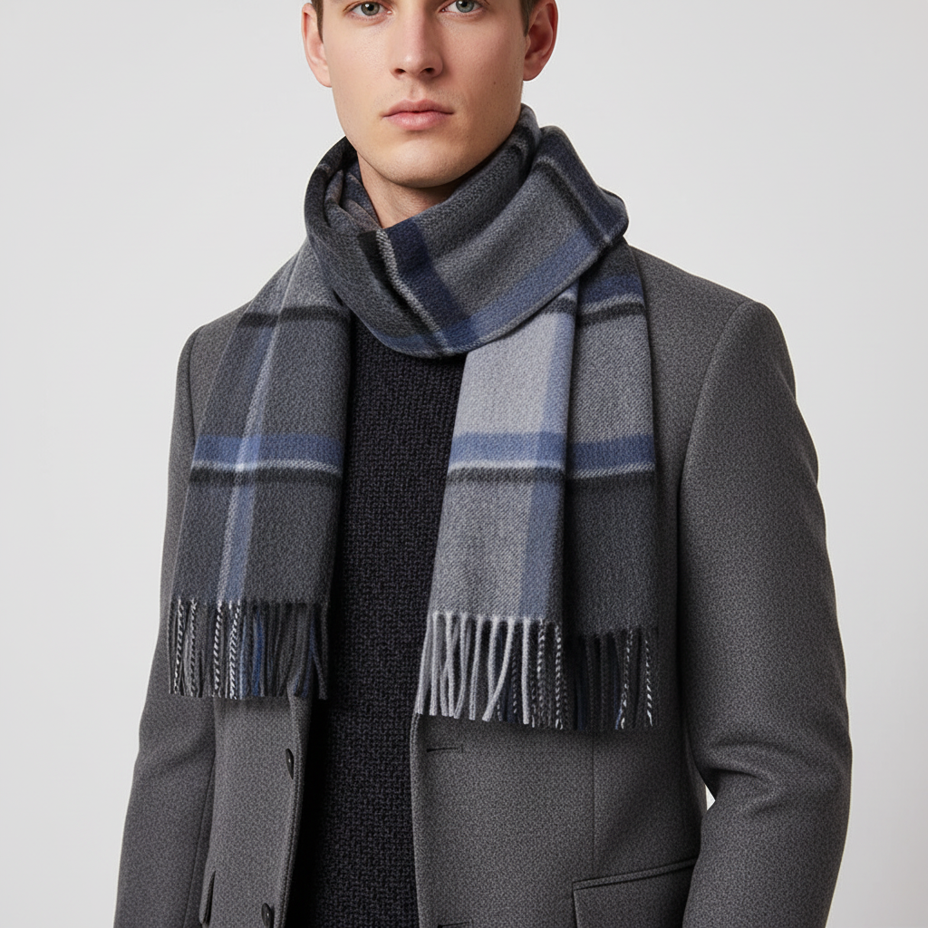 Close-up of a classic plaid wool scarf showing fringe detail and knitting quality
