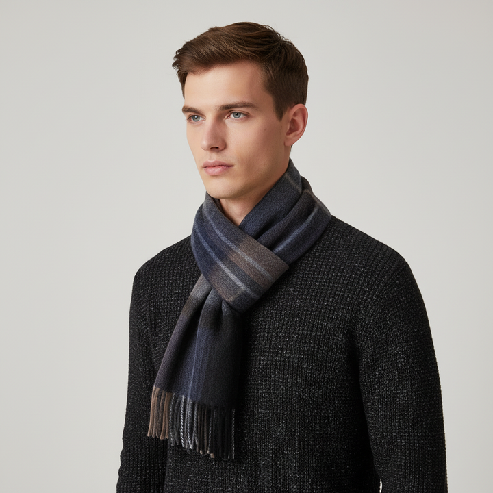 Unisex winter accessory: a warm plaid wool scarf with decorative fringe borders