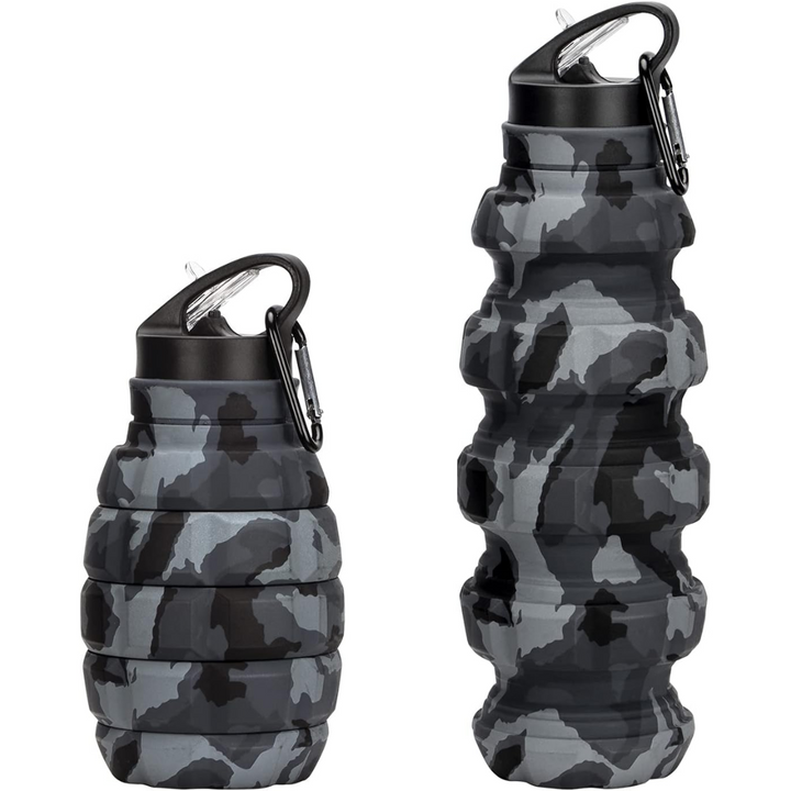 Reusable silicone travel water bottle (575ml). Collapsible design for ultimate portability & eco-friendly hydration.