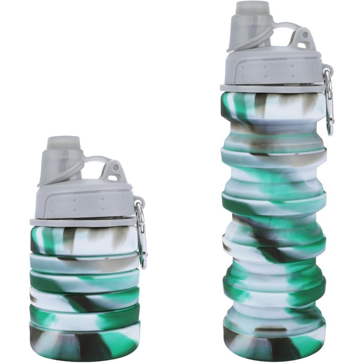 Eco-friendly reusable silicone water bottle, collapsible, leakproof, ideal for daily hydration.