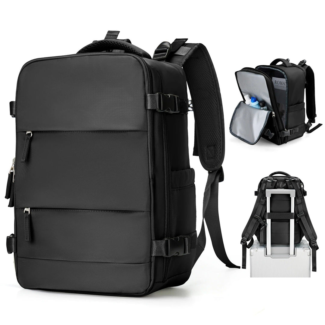 Unisex compact travel backpack in black with laptop sleeve for daily commute and weekend trips