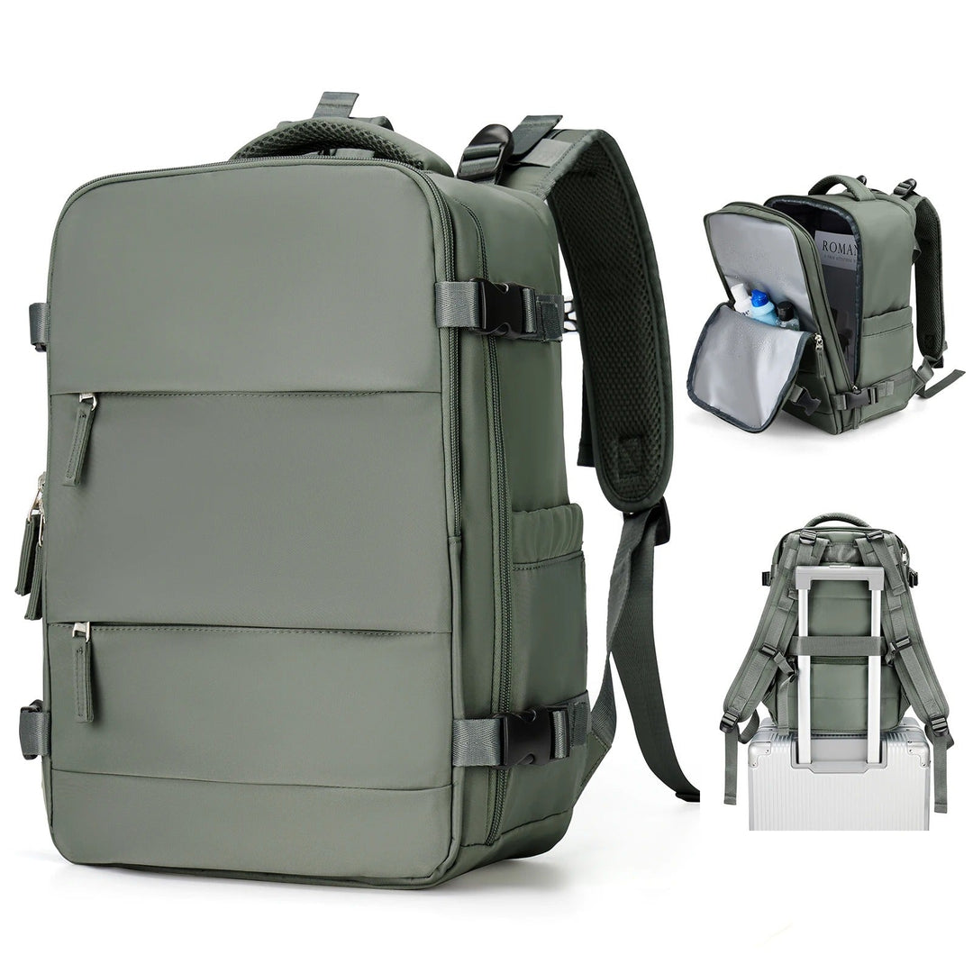 Lightweight black polyester travel backpack with padded laptop compartment, ideal for carry-on