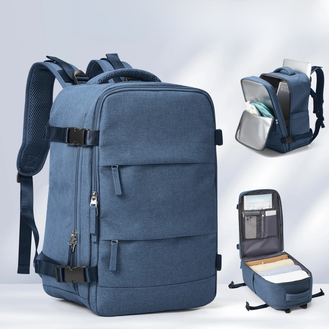 Side view of black unisex laptop backpack, showcasing its slim profile and durable polyester material