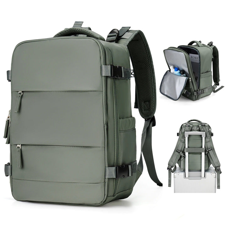 Organized travel backpack main compartment. Features multiple pockets for efficient packing & easy access to essentials.