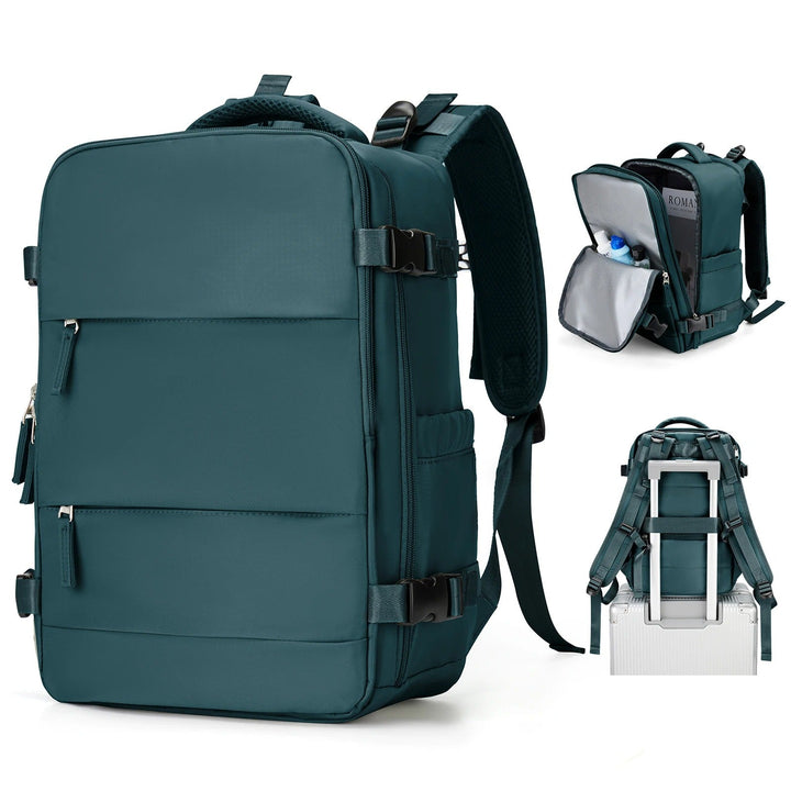 Lightweight unisex travel backpack worn comfortably on a person, ideal for airport carry-on & urban commuting.