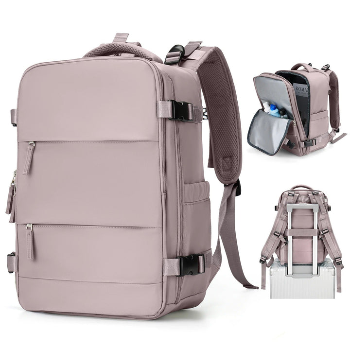 Durable unisex travel backpack showing padded shoulder straps & breathable back panel for comfortable, long-wear support.