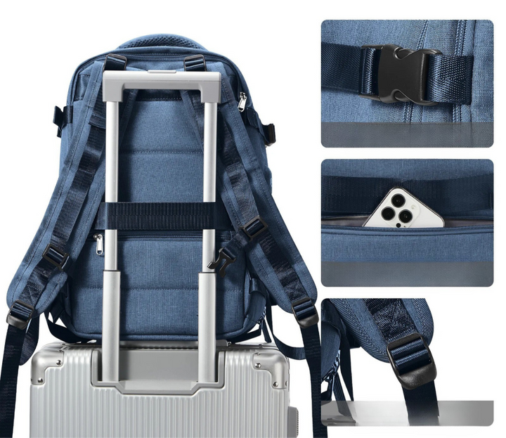 Organized lightweight travel backpack packed with clothes, tech, and travel accessories for a short trip.