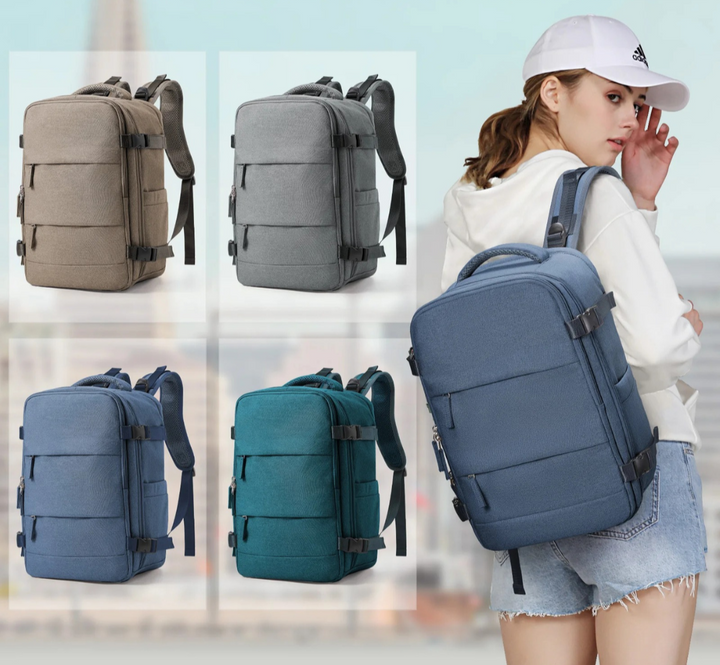 Compact carry-on travel backpack at an airport, ready for boarding. Perfect unisex bag for hassle-free flights.