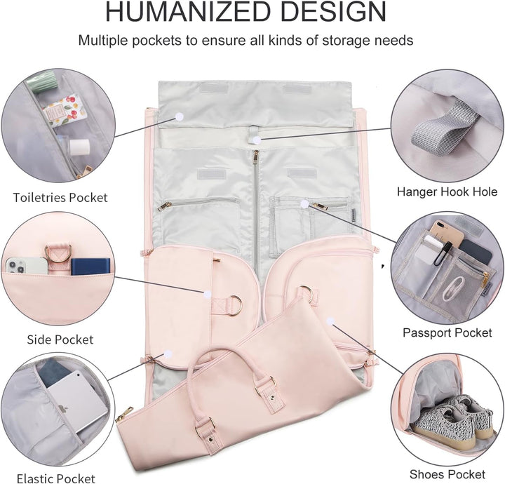Multi-functional carry-on duffel bag, serving as a garment carrier for business.