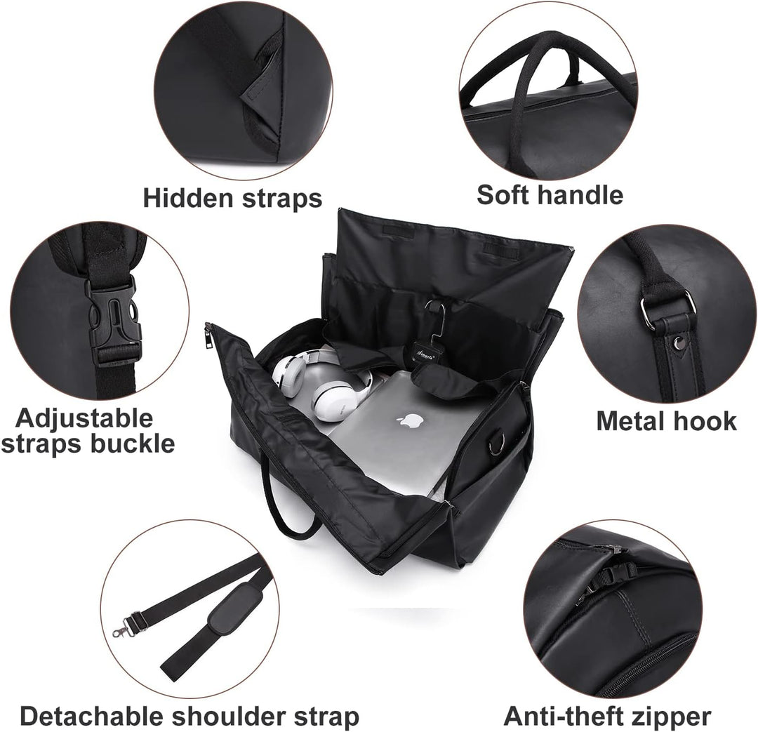 Black weekender bag transforms from suit carrier to duffel, perfect for organized travel.