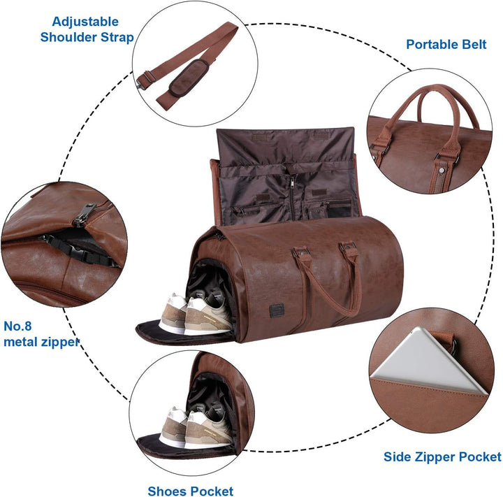 Durable travel accessory, a convertible duffel bag with space for clothes & shoes.