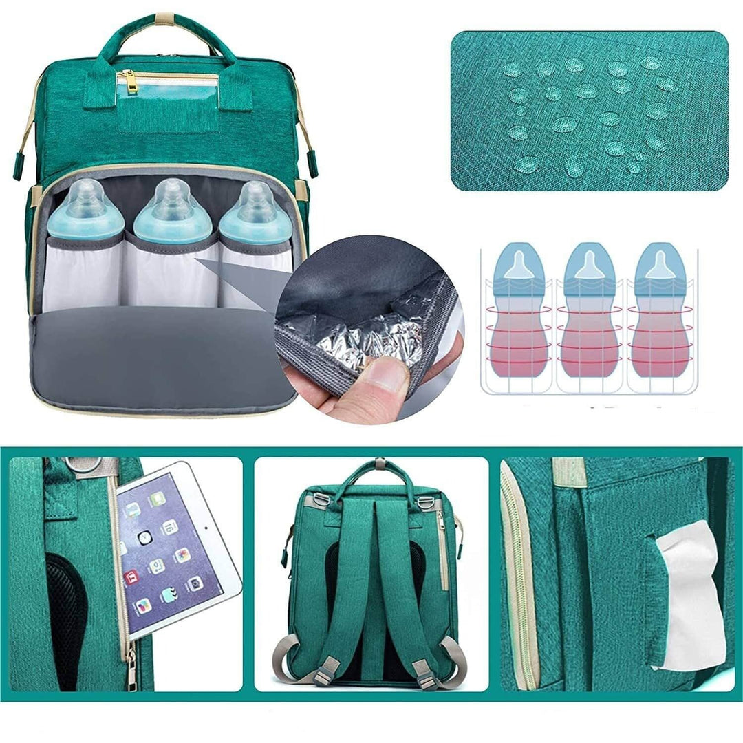 Convertible nappy backpack with a baby toy inside the bassinet, demonstrating ample space