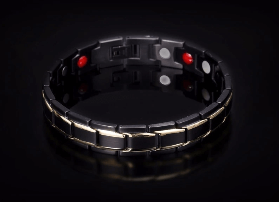 CoreFlex magnetic bracelet on wrist, showing its sleek stainless steel design