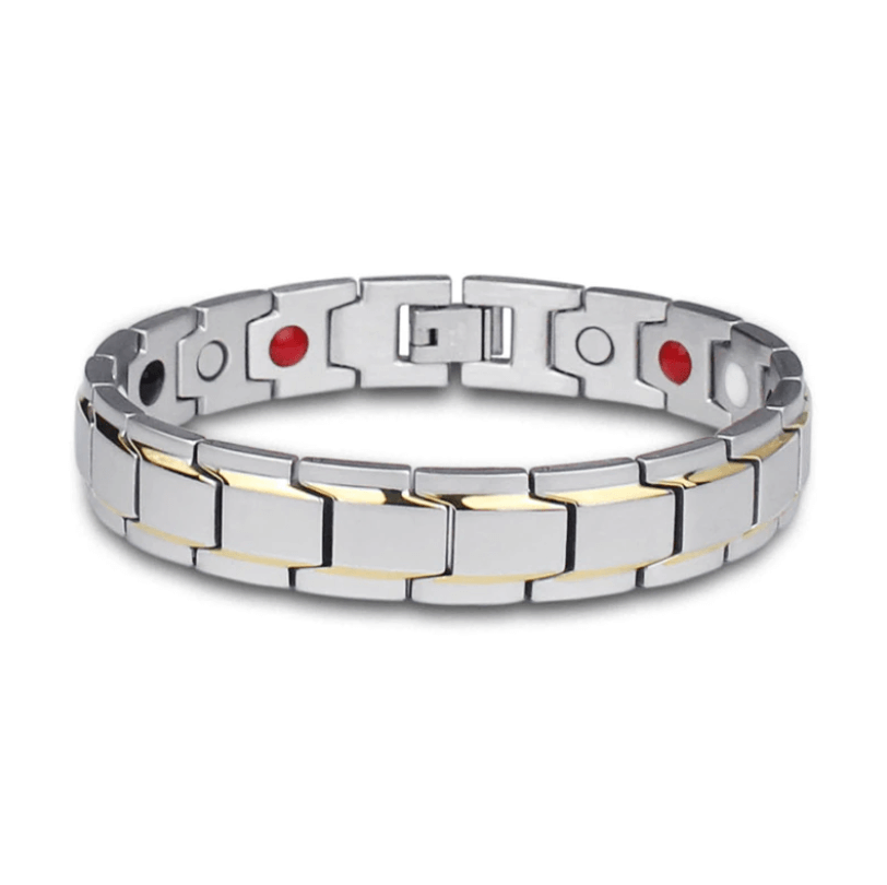 Detail shot of the clasp on a CoreFlex stainless steel magnetic bracelet