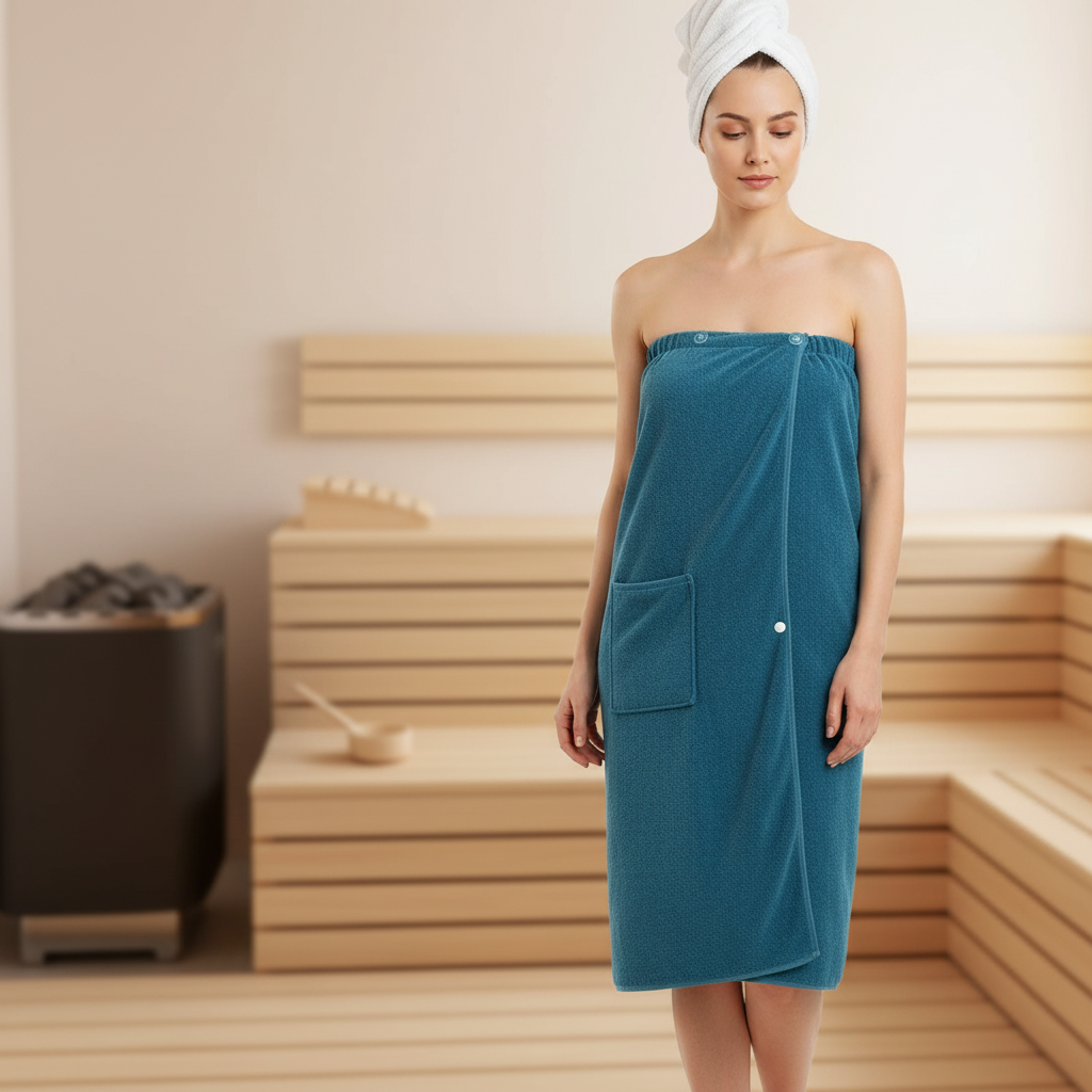 Unisex dark blue microfiber spa wrap towel, highly absorbent and adjustable for sauna or bath.