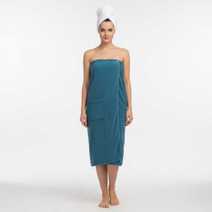 Premium quality dark blue microfiber sauna wrap for men and women, soft and absorbent wellness towel.