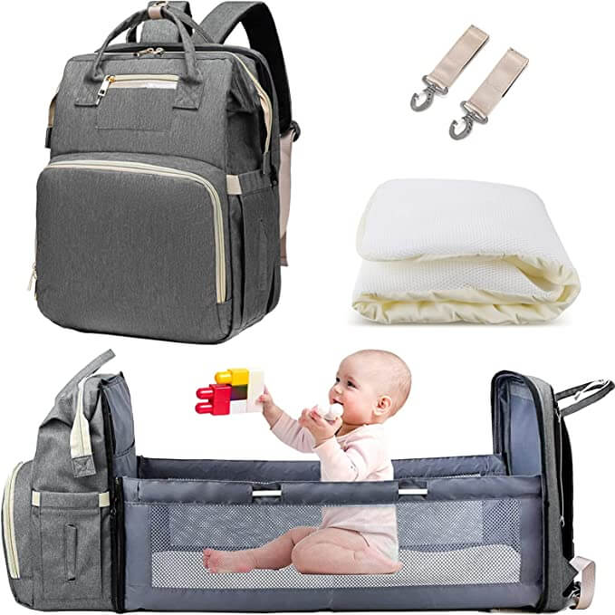 Before & after of the travel diaper backpack converting from a sleek bag to a comfortable baby bassinet.