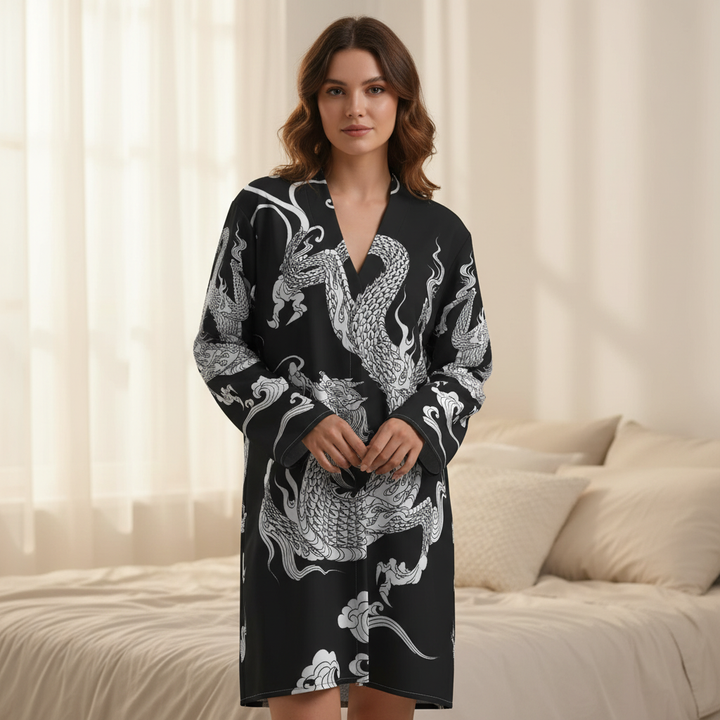 Unisex Dragon Print Lightweight Robe, comfortable loungewear with oriental design