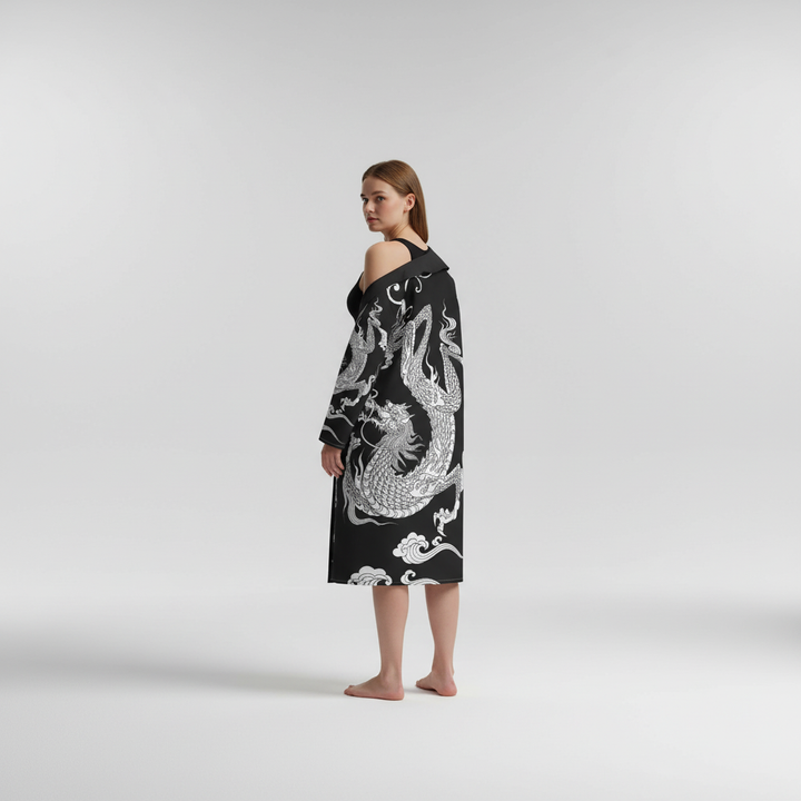 Relaxed fit DragonCoat bathrobe, durable dragon print for versatile fashion