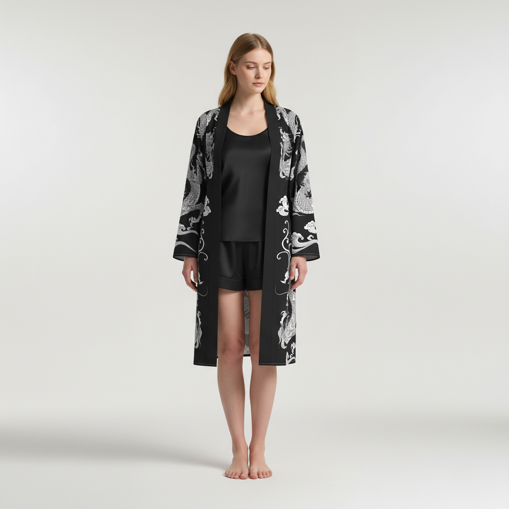 Printed bathrobe, black DragonCoat with elegant dragon pattern, comfortable and stylish