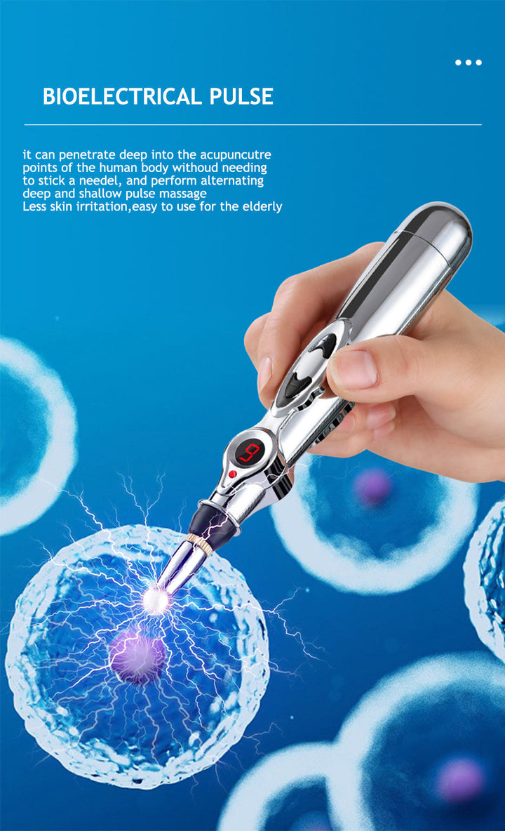 Ergonomic electronic massage pen for effective, convenient pain and stress relief.