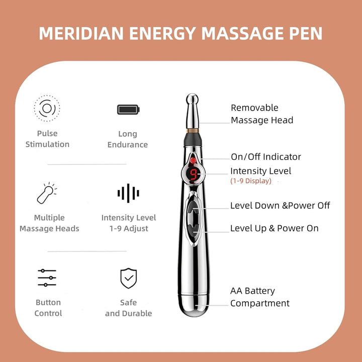 Easy-to-use electronic pen provides pain relief and stimulates meridian energy.