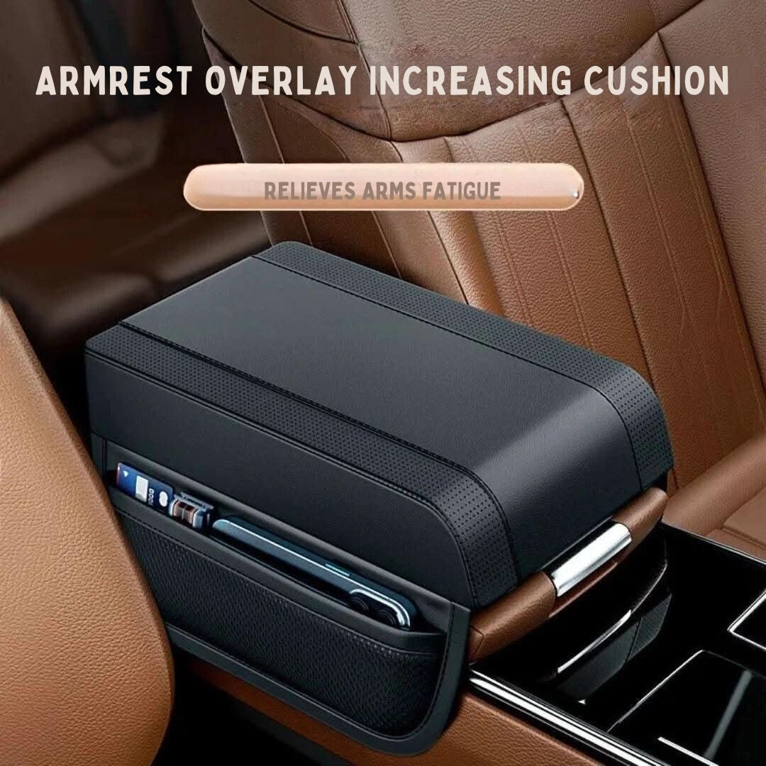 Memory foam leather car armrest pad, universal fit for vehicle interior comfort & storage organizer.