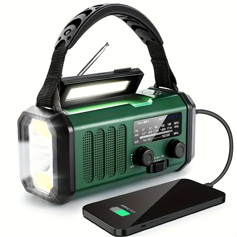 Unisex emergency radio with hand crank, solar power, NOAA weather alerts, flashlight, and USB charger for survival.