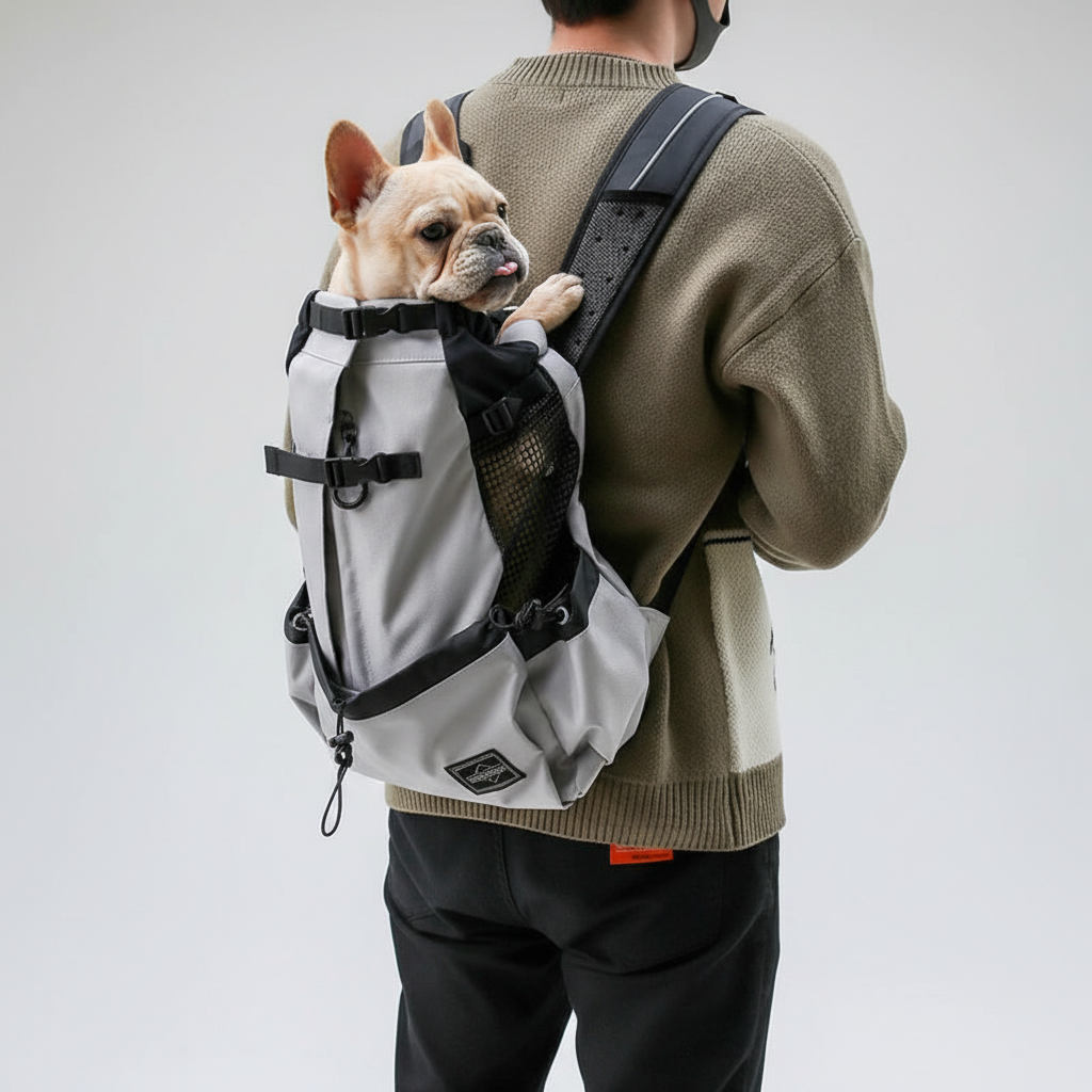 Unisex CompanionPack dog carrier backpack on a person's back, walking in nature, ideal for hiking pets.