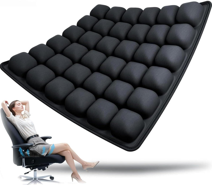 Unisex ergonomic inflatable travel seat cushion, black, for pressure relief & portable comfort on the go.