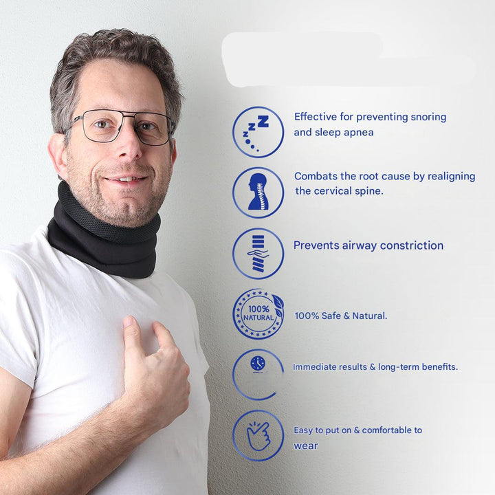 Ergonomic neck support device providing pain relief, correcting sleep posture, and reducing snoring & sleep apnea symptoms.
