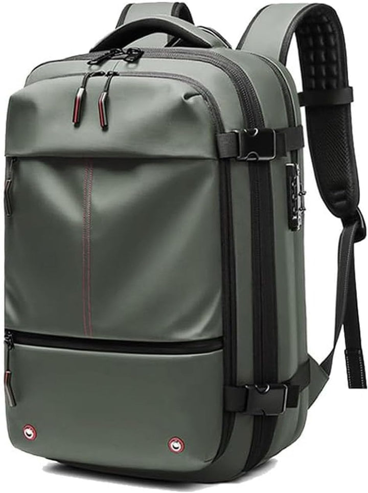 Unisex expandable compression travel backpack with anti-theft lock & wet compartment.