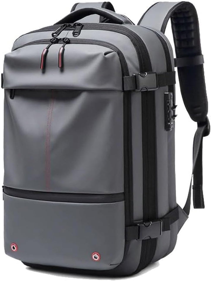 Carry-on size expandable travel backpack for men & women, featuring anti-theft security.