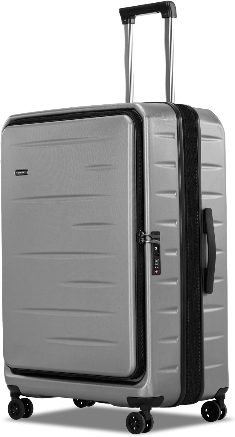 Black hardshell carry-on suitcase, expandable, with a convenient front pocket & TSA lock.