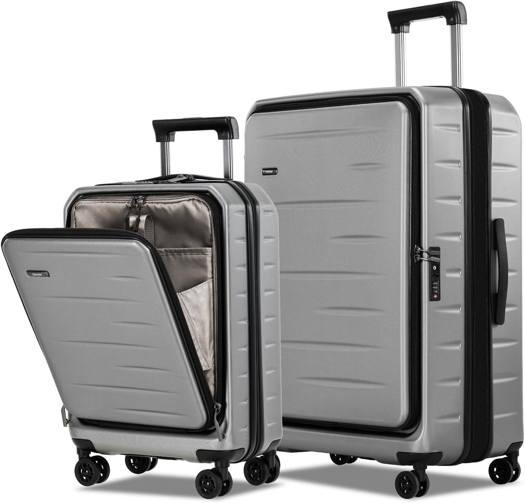 Compact yet spacious: an expandable hardshell carry-on with a secure TSA lock & front pocket.