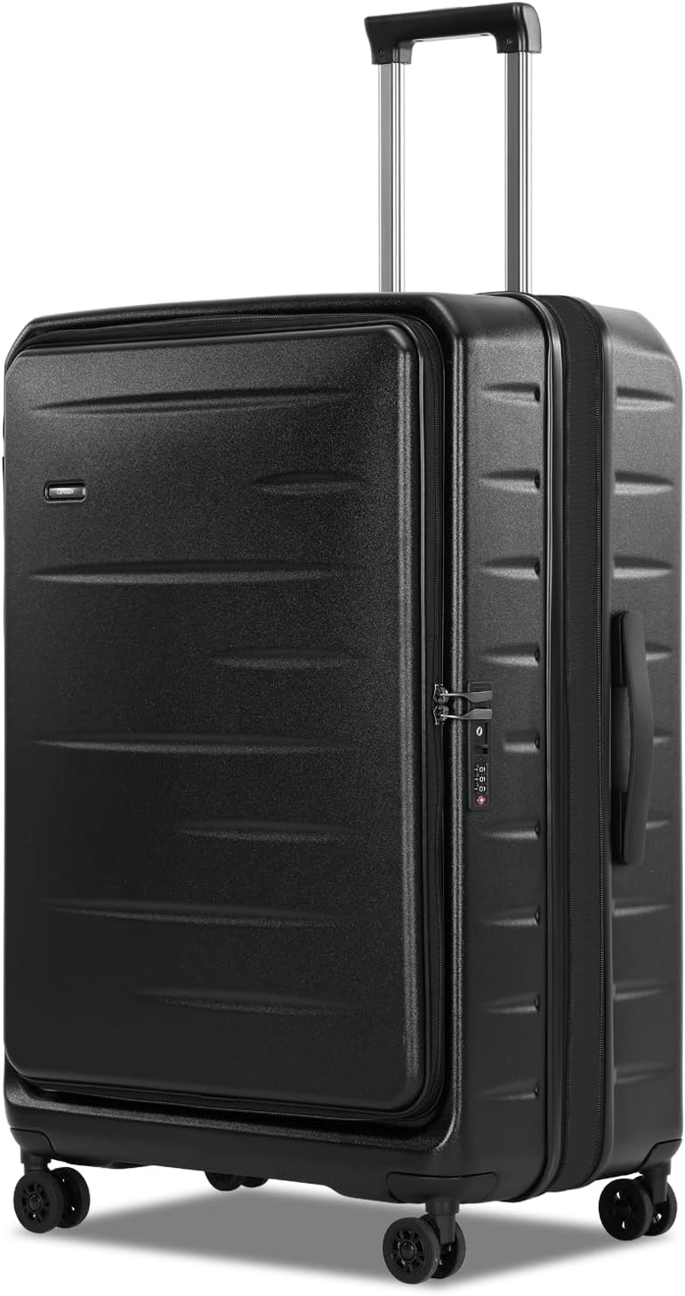 Unisex black hardshell carry-on with an expandable feature, ideal for extra storage space.