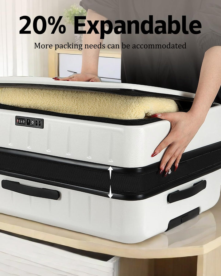Roller wheels detail on an expandable hardshell carry-on, providing smooth mobility.