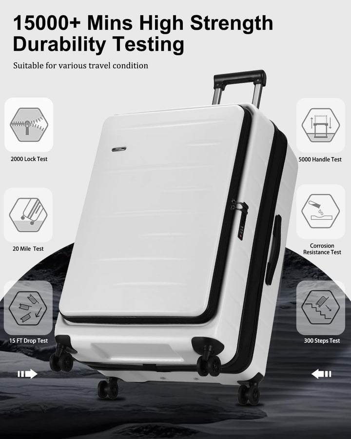 Durable hardshell carry-on with an expandable section, shown ready for airline travel.