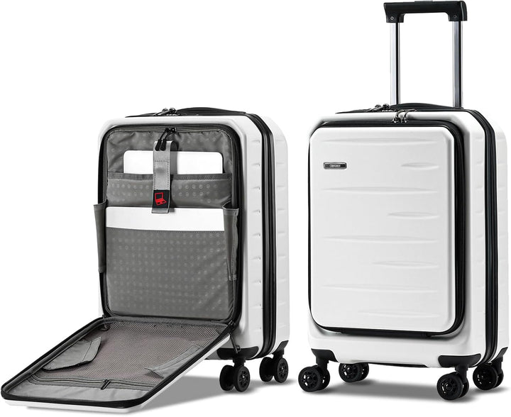 Contemporary expandable hardshell carry-on in black, with a convenient front zippered pocket.