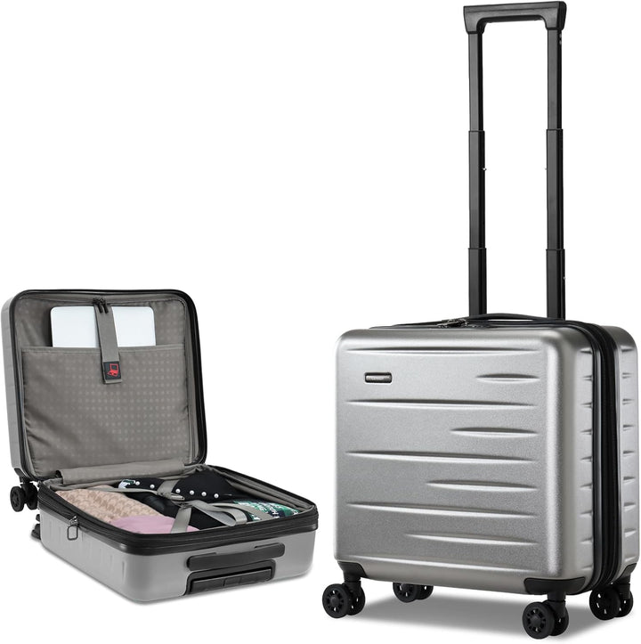 Expandable hardshell travel bag, unisex, featuring a front pocket and integrated TSA lock.